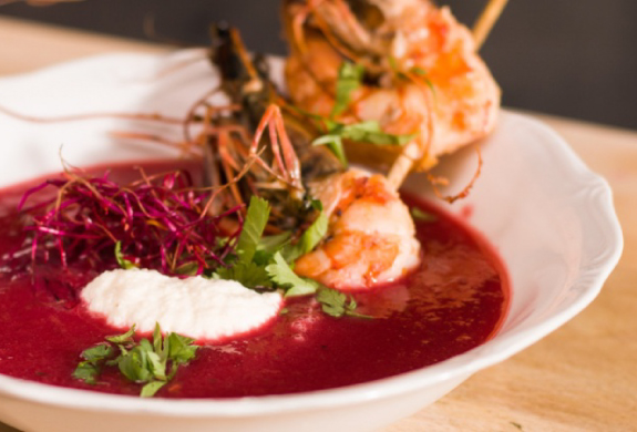 Beetroot Soup with King Prawns