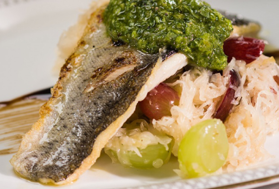Salmon Fillets with Grape Sauerkraut and Salsa Verde